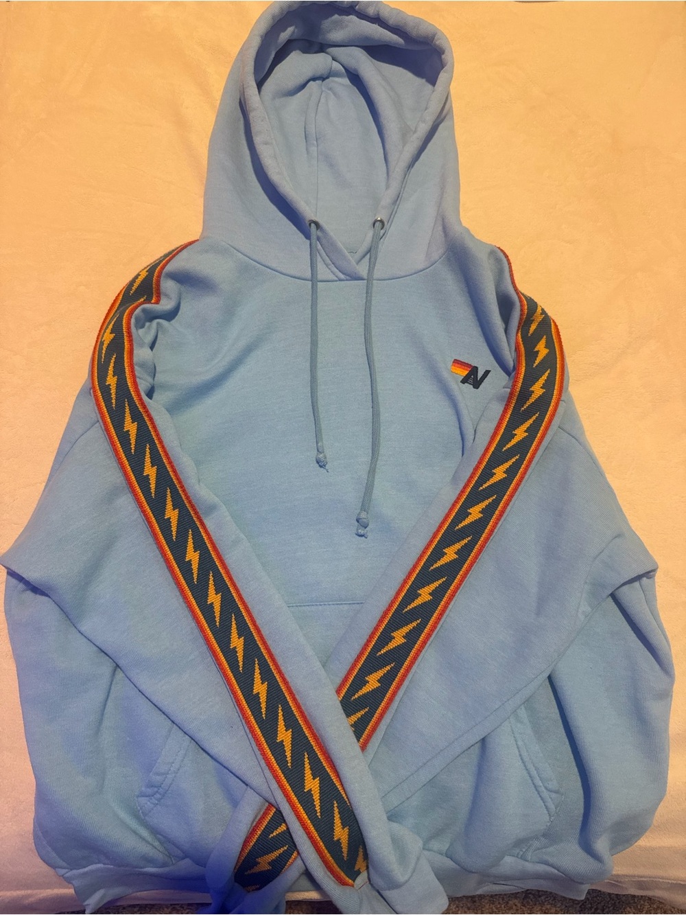 Aviator Nation Light Blue Hoodie with Navy and Orange Lightning Trim